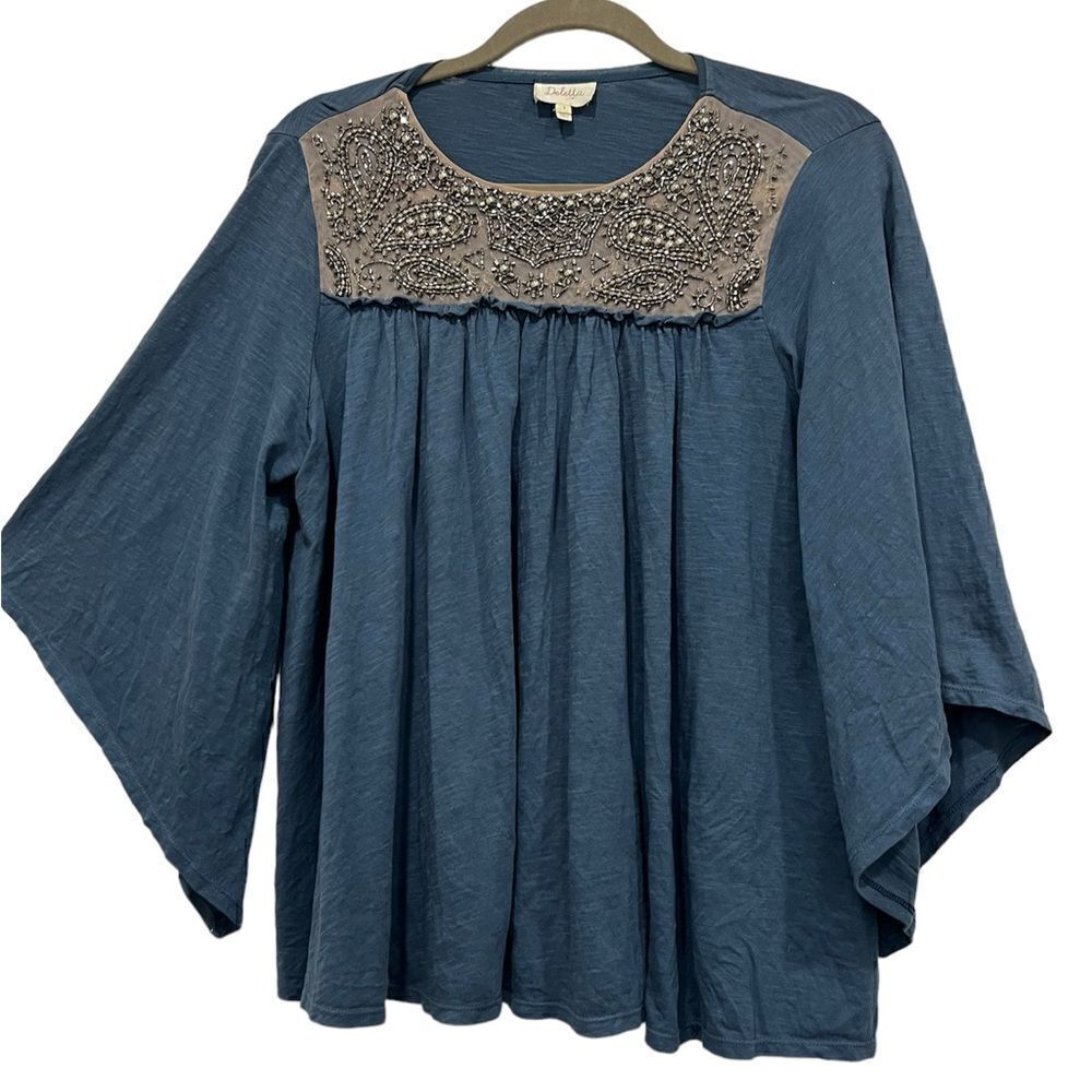 Deletta by Anthropology embellished beaded bell sleeves blue top size S (3x$15)